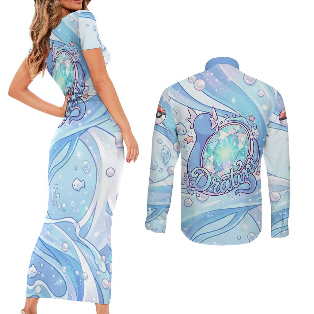Dratini Couples Matching Short Sleeve Bodycon Dress and Long Sleeve Button Shirt Pastel Aquatic Crystal Art