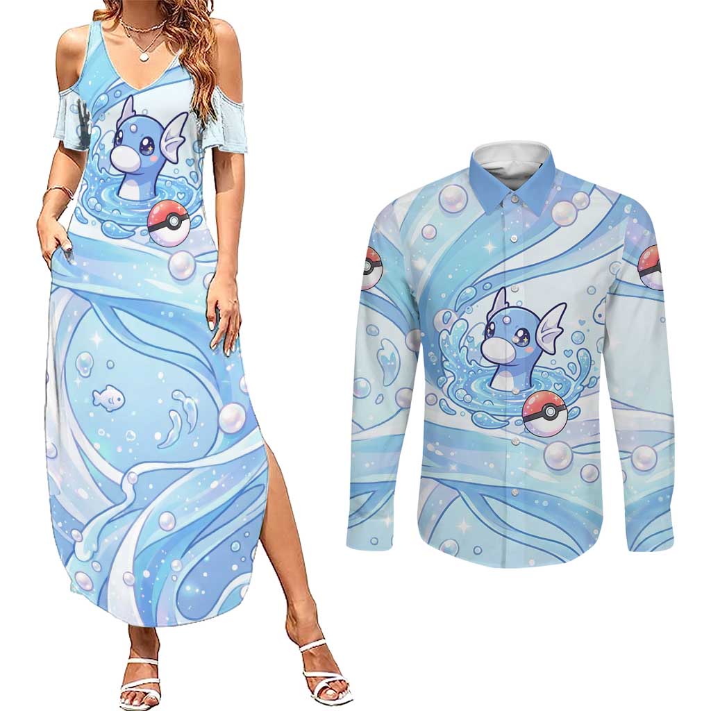 Dratini Couples Matching Summer Maxi Dress and Long Sleeve Button Shirt Pastel Aquatic Crystal Art