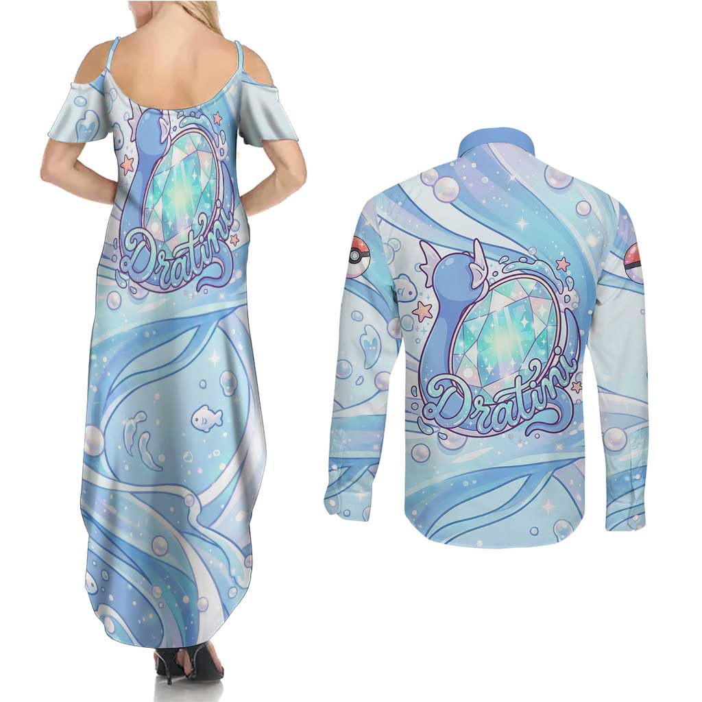 Dratini Couples Matching Summer Maxi Dress and Long Sleeve Button Shirt Pastel Aquatic Crystal Art