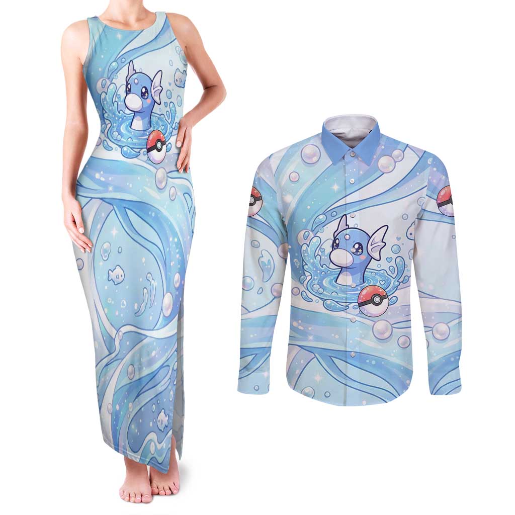 Dratini Couples Matching Tank Maxi Dress and Long Sleeve Button Shirt Pastel Aquatic Crystal Art