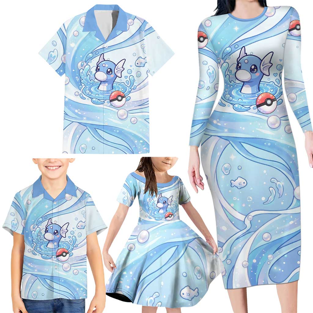 Dratini Family Matching Long Sleeve Bodycon Dress and Hawaiian Shirt Pastel Aquatic Crystal Art
