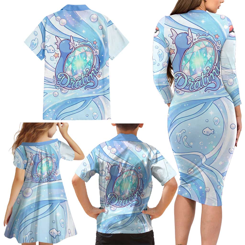 Dratini Family Matching Long Sleeve Bodycon Dress and Hawaiian Shirt Pastel Aquatic Crystal Art