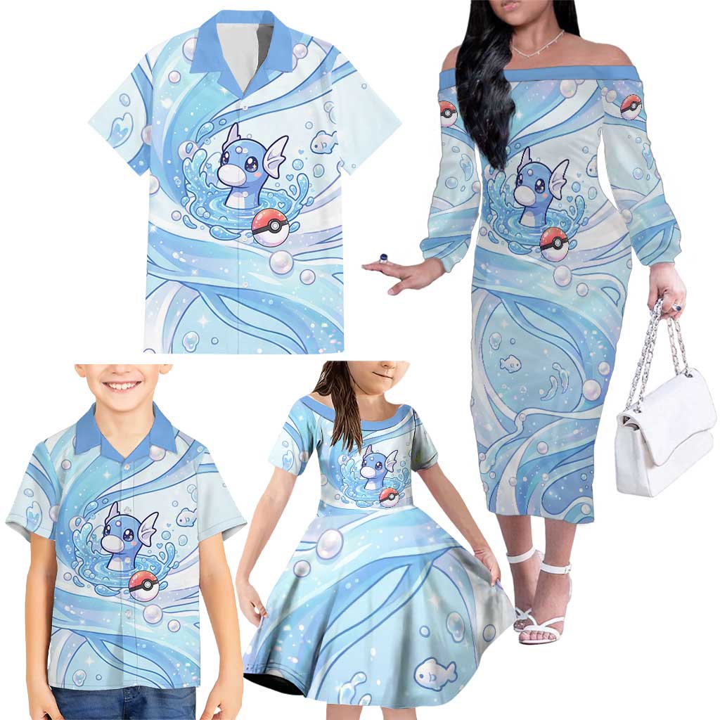 Dratini Family Matching Off The Shoulder Long Sleeve Dress and Hawaiian Shirt Pastel Aquatic Crystal Art
