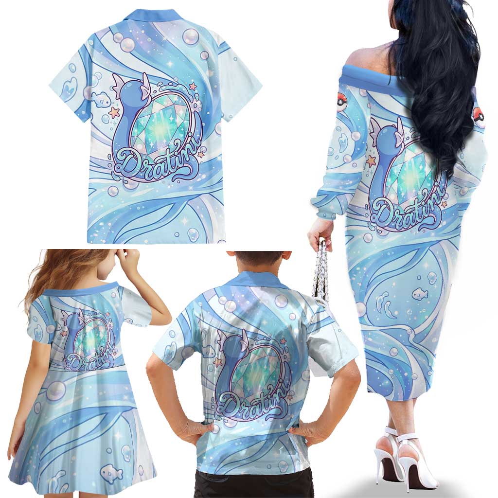 Dratini Family Matching Off The Shoulder Long Sleeve Dress and Hawaiian Shirt Pastel Aquatic Crystal Art