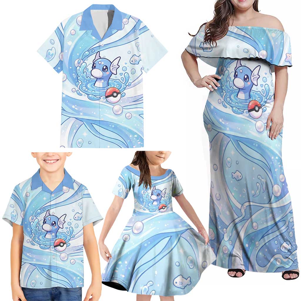 Dratini Family Matching Off Shoulder Maxi Dress and Hawaiian Shirt Pastel Aquatic Crystal Art