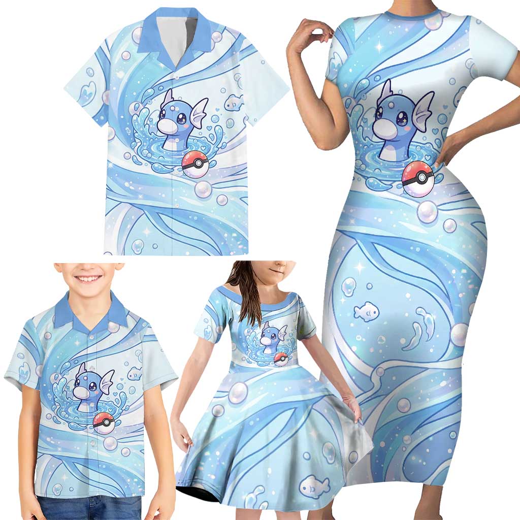 Dratini Family Matching Short Sleeve Bodycon Dress and Hawaiian Shirt Pastel Aquatic Crystal Art