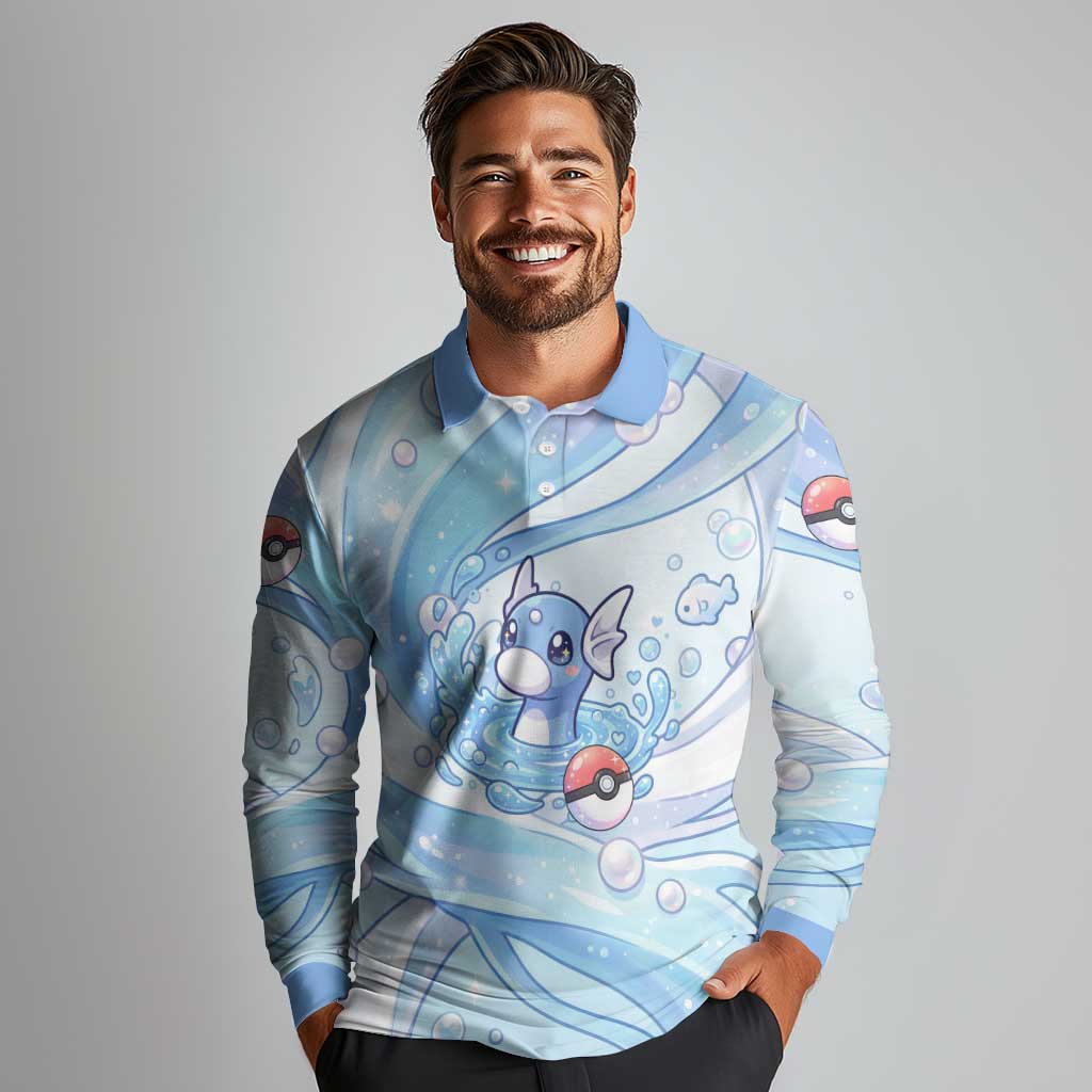 Dratini Long Sleeve Polo Shirt Pastel Aquatic Crystal Art