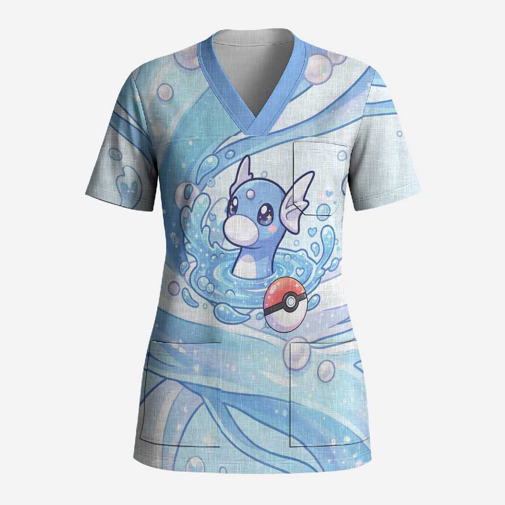 Dratini Scrub Top Pastel Aquatic Crystal Art
