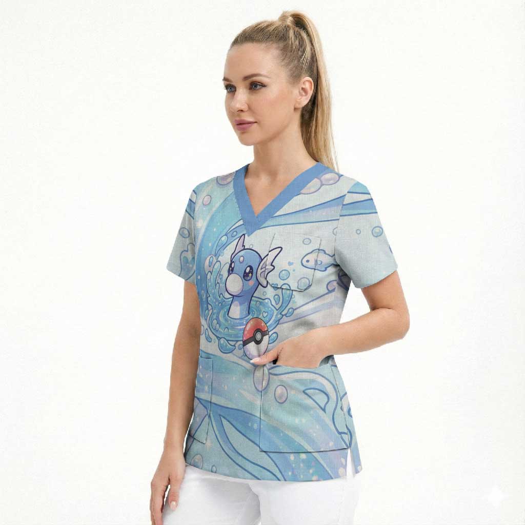 Dratini Scrub Top Pastel Aquatic Crystal Art