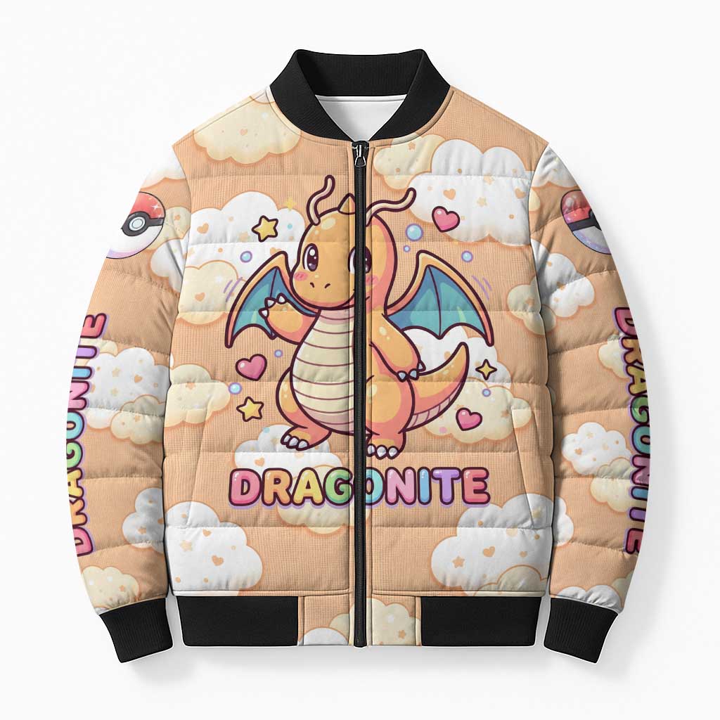 Dragonite Bomber Puffer Jacket Whimsical Pastel Cloud Art