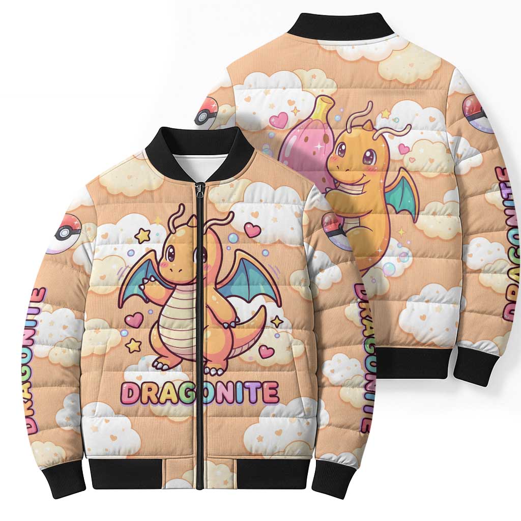 Dragonite Bomber Puffer Jacket Whimsical Pastel Cloud Art