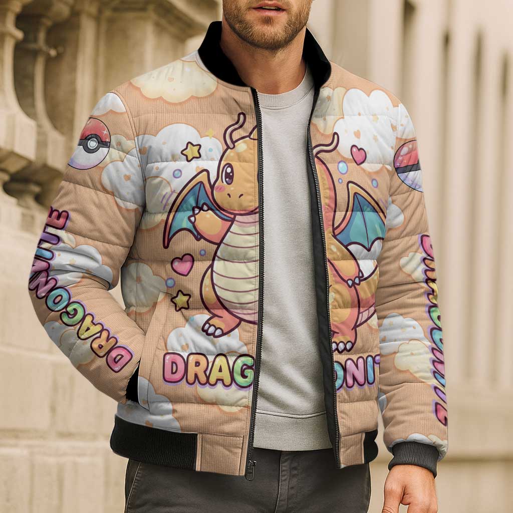 Dragonite Bomber Puffer Jacket Whimsical Pastel Cloud Art