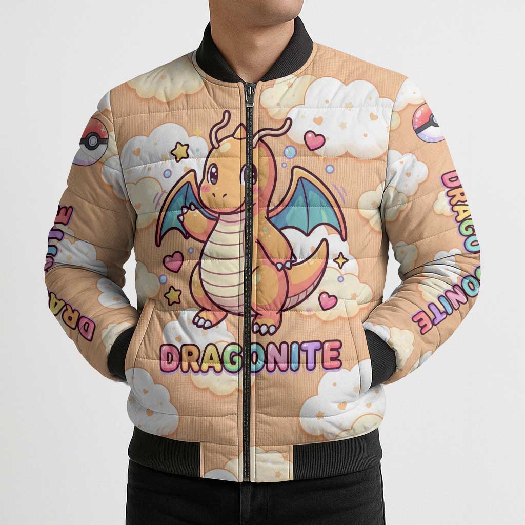 Dragonite Bomber Puffer Jacket Whimsical Pastel Cloud Art