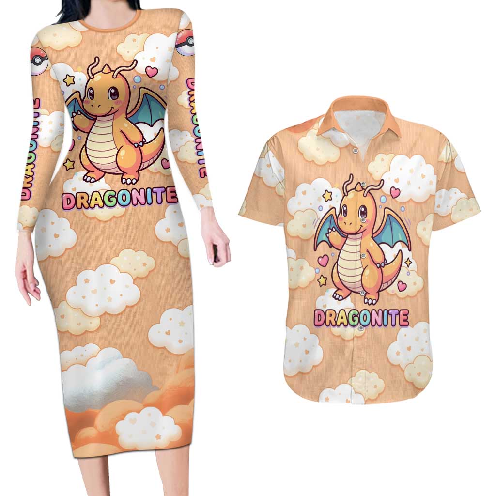Dragonite Couples Matching Long Sleeve Bodycon Dress and Hawaiian Shirt Whimsical Pastel Cloud Art