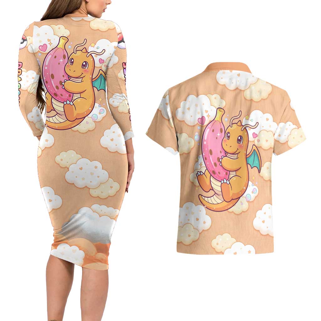 Dragonite Couples Matching Long Sleeve Bodycon Dress and Hawaiian Shirt Whimsical Pastel Cloud Art