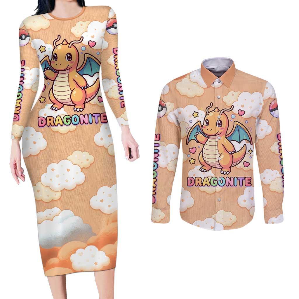 Dragonite Couples Matching Long Sleeve Bodycon Dress and Long Sleeve Button Shirt Whimsical Pastel Cloud Art