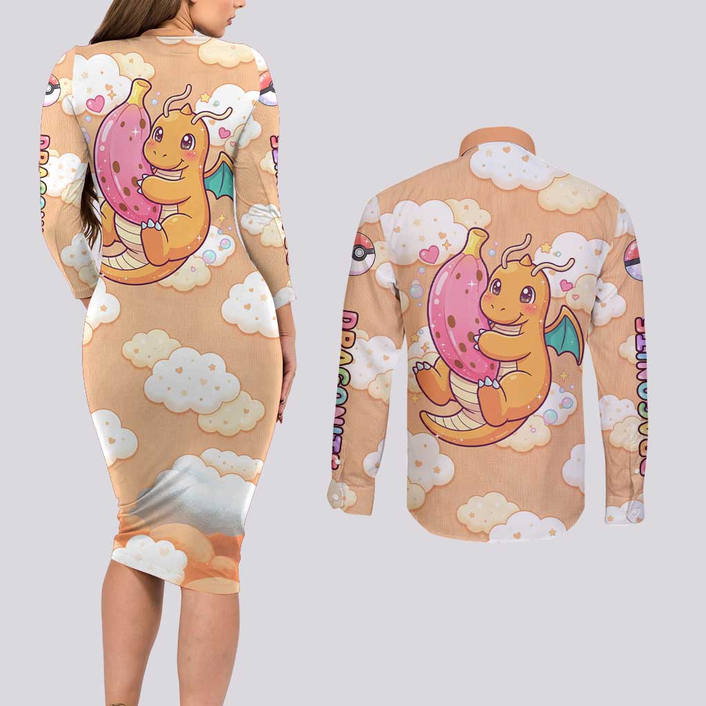 Dragonite Couples Matching Long Sleeve Bodycon Dress and Long Sleeve Button Shirt Whimsical Pastel Cloud Art