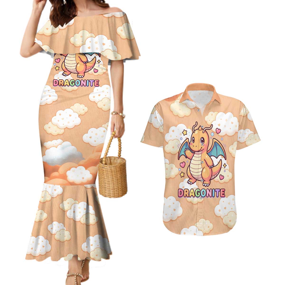 Dragonite Couples Matching Mermaid Dress and Hawaiian Shirt Whimsical Pastel Cloud Art