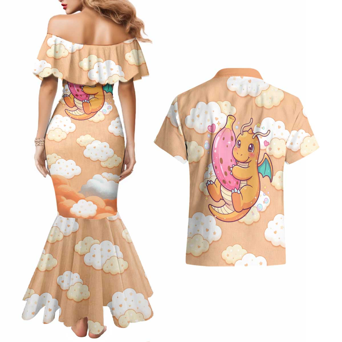Dragonite Couples Matching Mermaid Dress and Hawaiian Shirt Whimsical Pastel Cloud Art