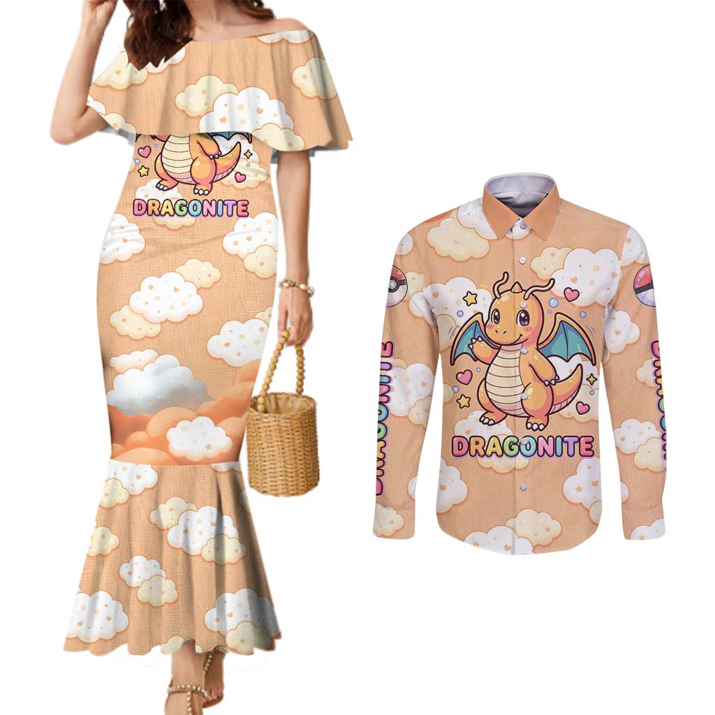 Dragonite Couples Matching Mermaid Dress and Long Sleeve Button Shirt Whimsical Pastel Cloud Art