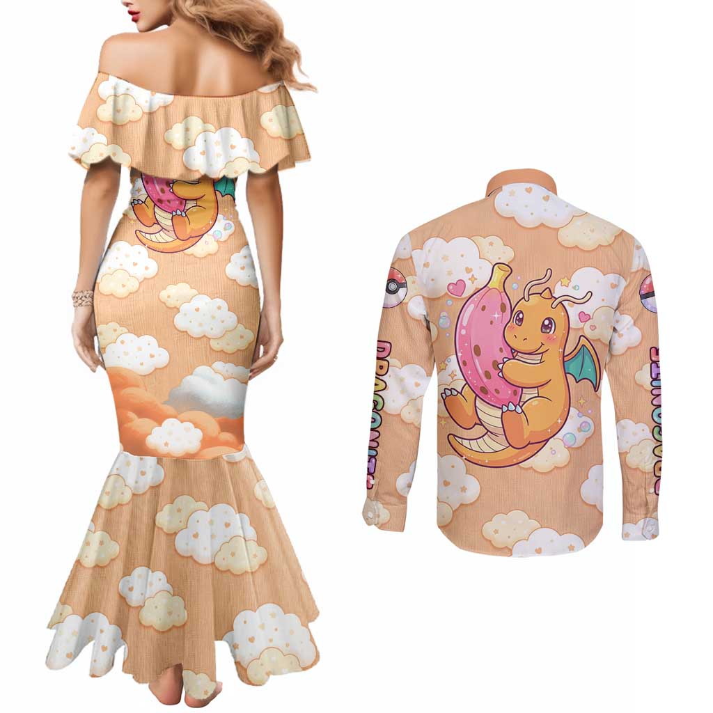 Dragonite Couples Matching Mermaid Dress and Long Sleeve Button Shirt Whimsical Pastel Cloud Art