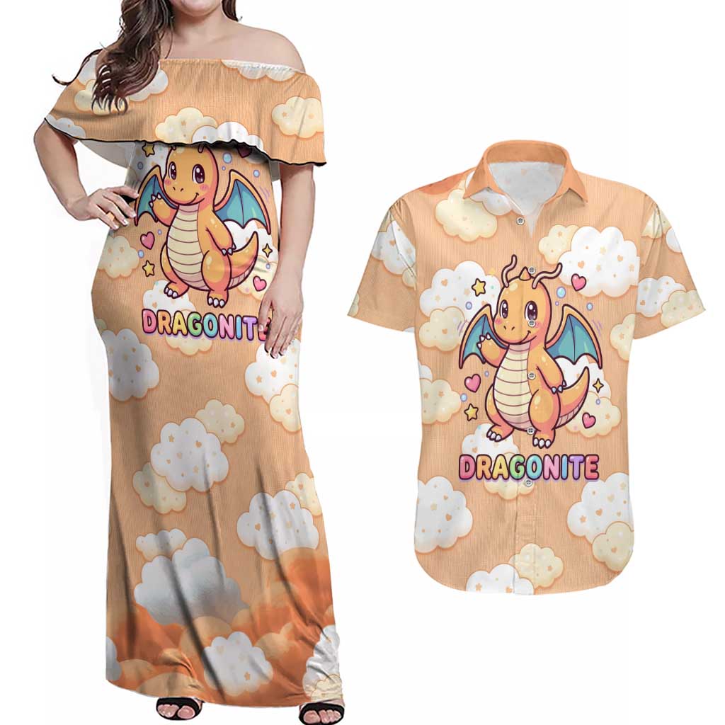 Dragonite Couples Matching Off Shoulder Maxi Dress and Hawaiian Shirt Whimsical Pastel Cloud Art