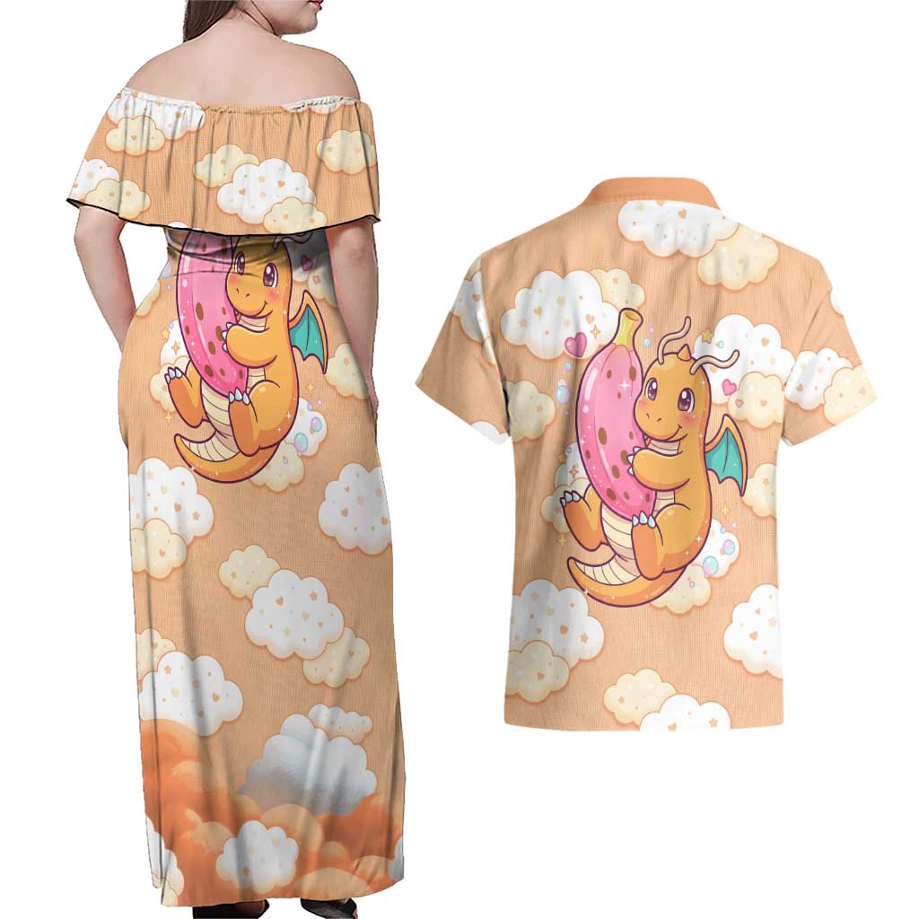 Dragonite Couples Matching Off Shoulder Maxi Dress and Hawaiian Shirt Whimsical Pastel Cloud Art