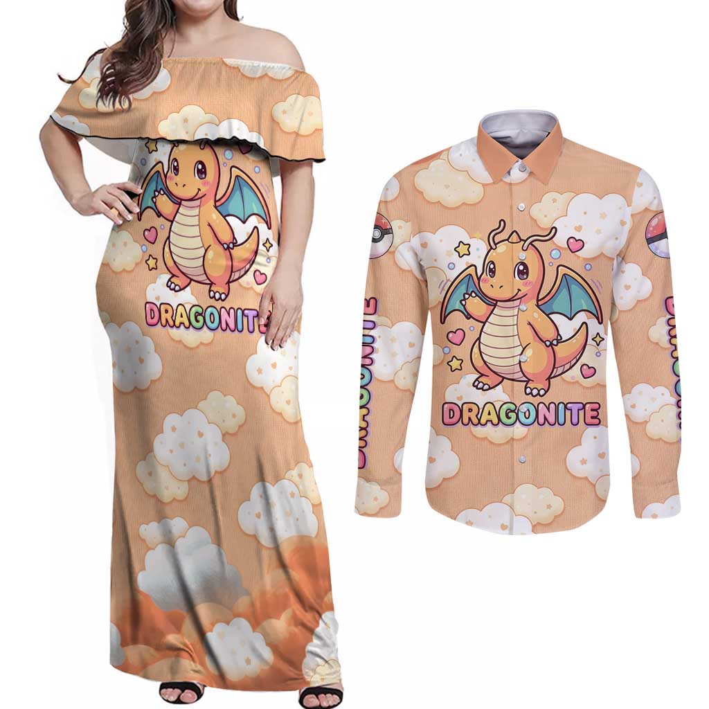 Dragonite Couples Matching Off Shoulder Maxi Dress and Long Sleeve Button Shirt Whimsical Pastel Cloud Art