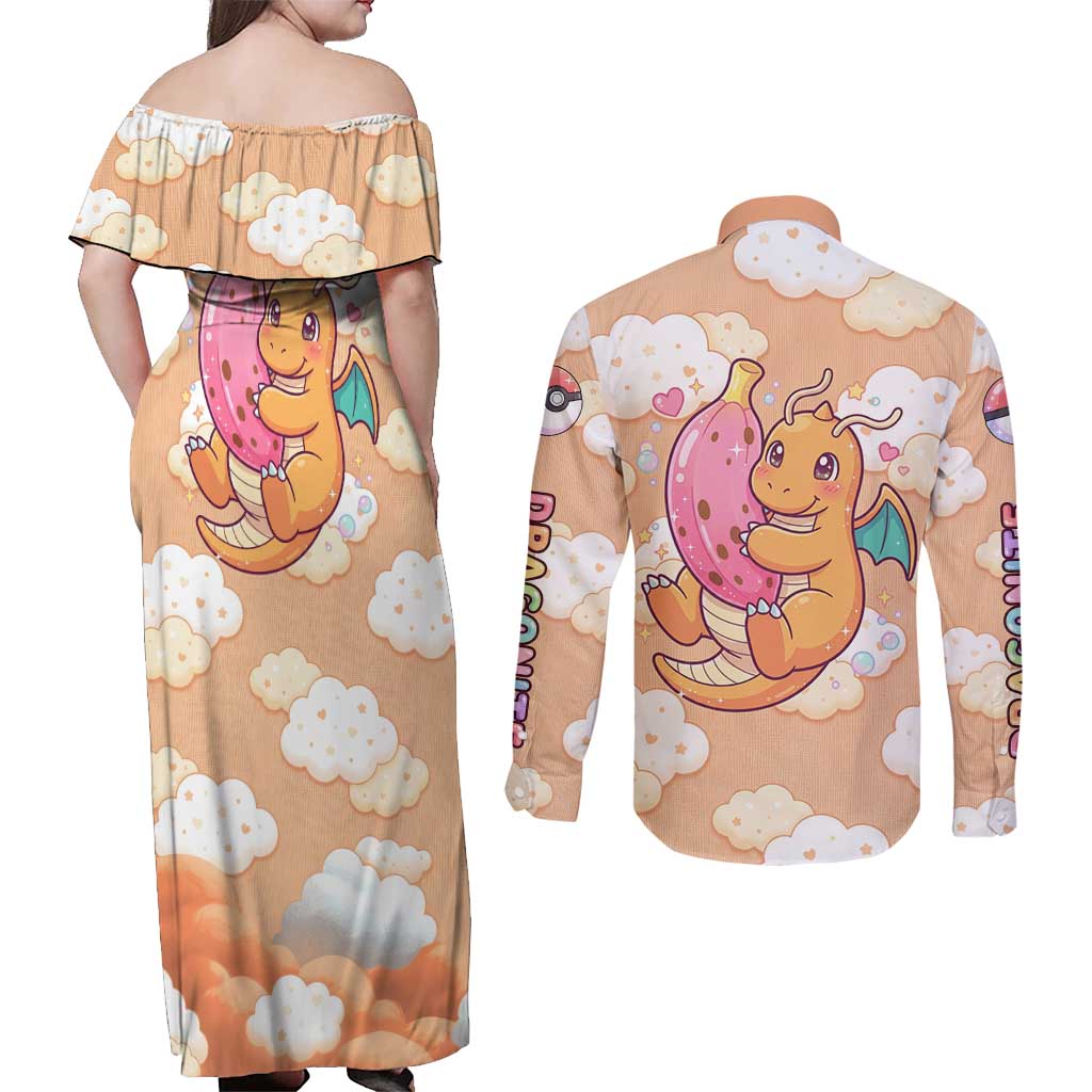 Dragonite Couples Matching Off Shoulder Maxi Dress and Long Sleeve Button Shirt Whimsical Pastel Cloud Art
