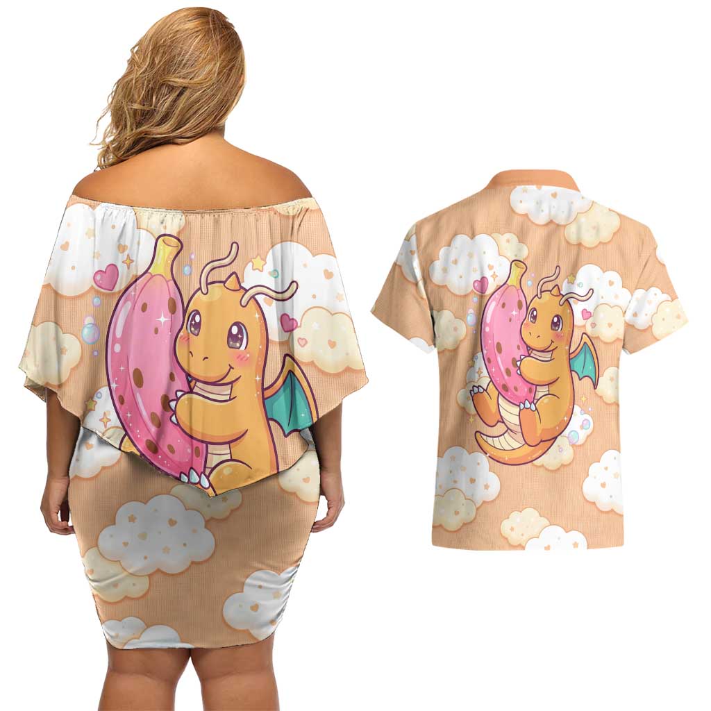 Dragonite Couples Matching Off Shoulder Short Dress and Hawaiian Shirt Whimsical Pastel Cloud Art