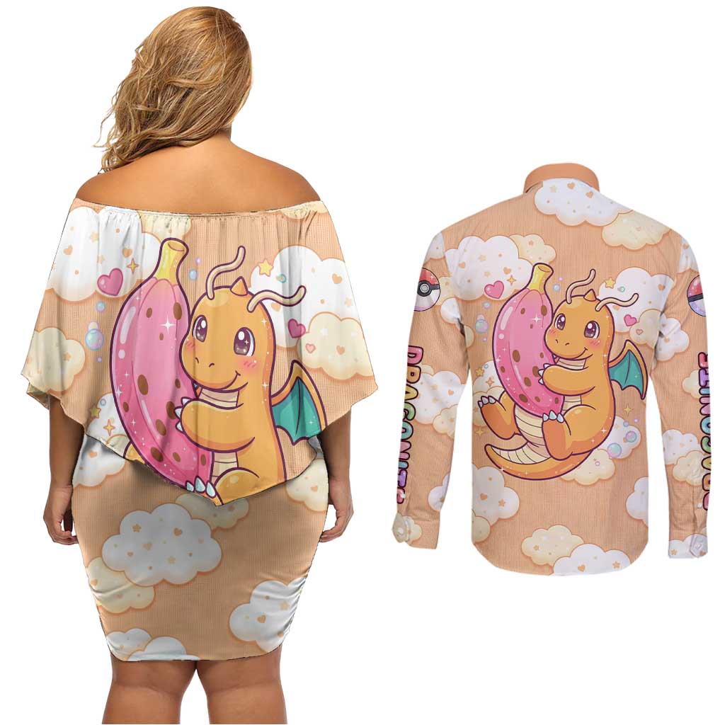 Dragonite Couples Matching Off Shoulder Short Dress and Long Sleeve Button Shirt Whimsical Pastel Cloud Art