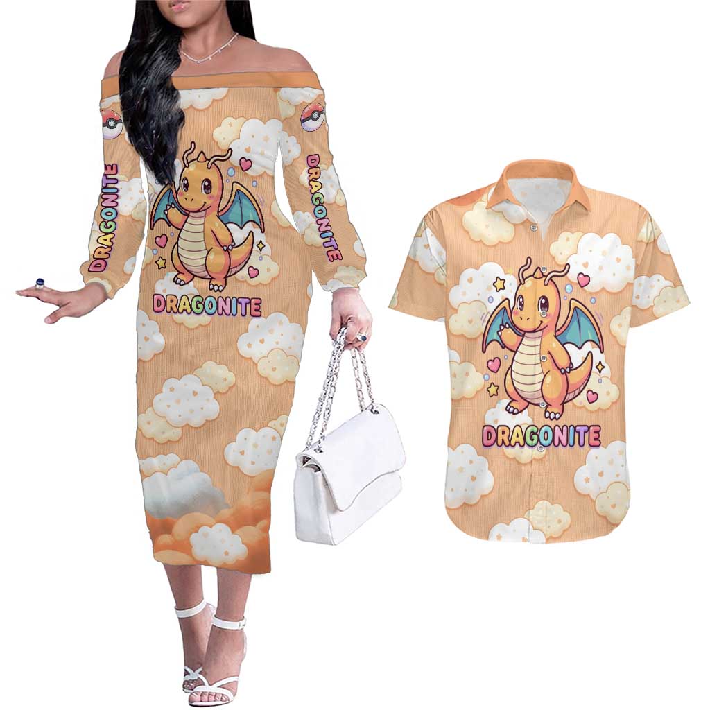 Dragonite Couples Matching Off The Shoulder Long Sleeve Dress and Hawaiian Shirt Whimsical Pastel Cloud Art