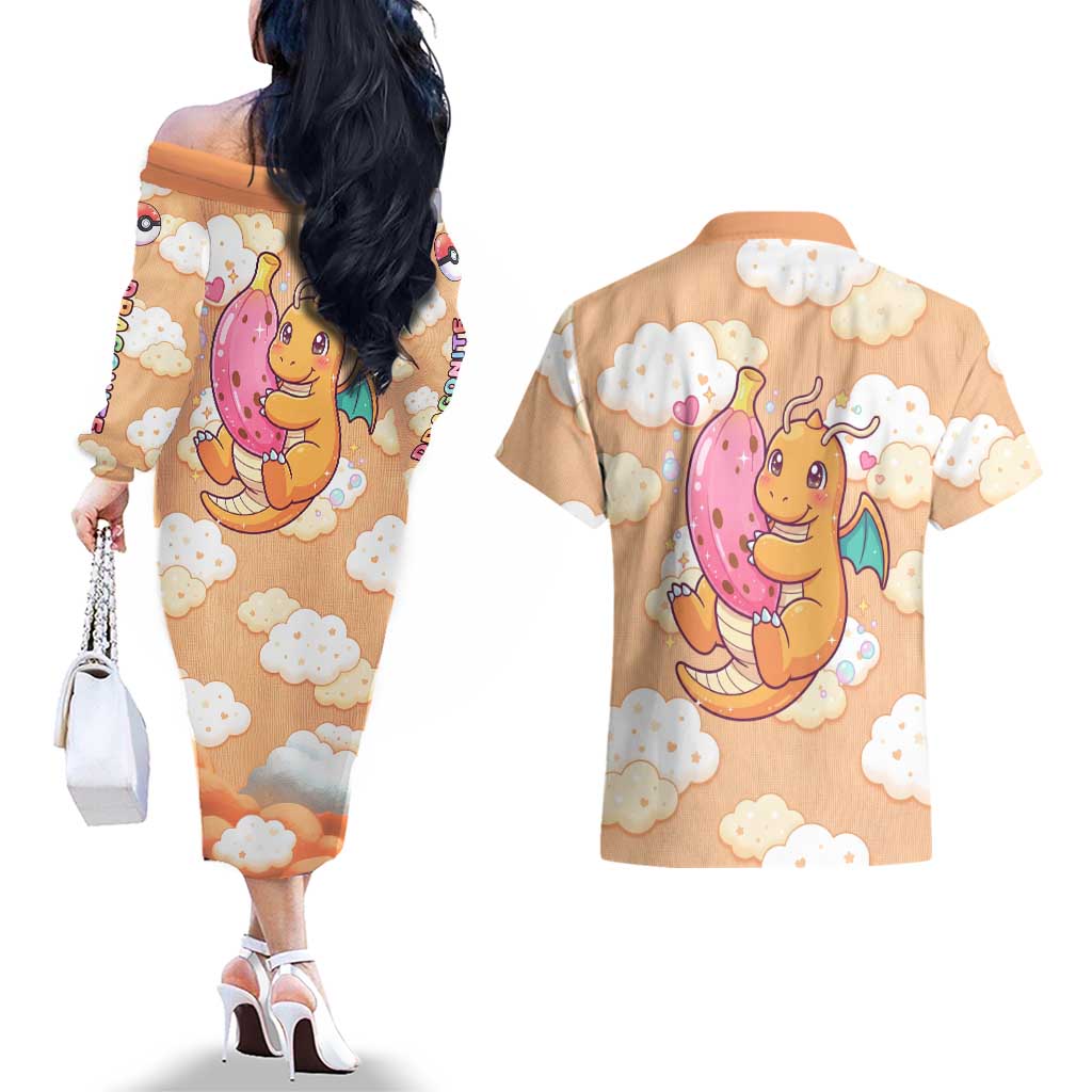 Dragonite Couples Matching Off The Shoulder Long Sleeve Dress and Hawaiian Shirt Whimsical Pastel Cloud Art