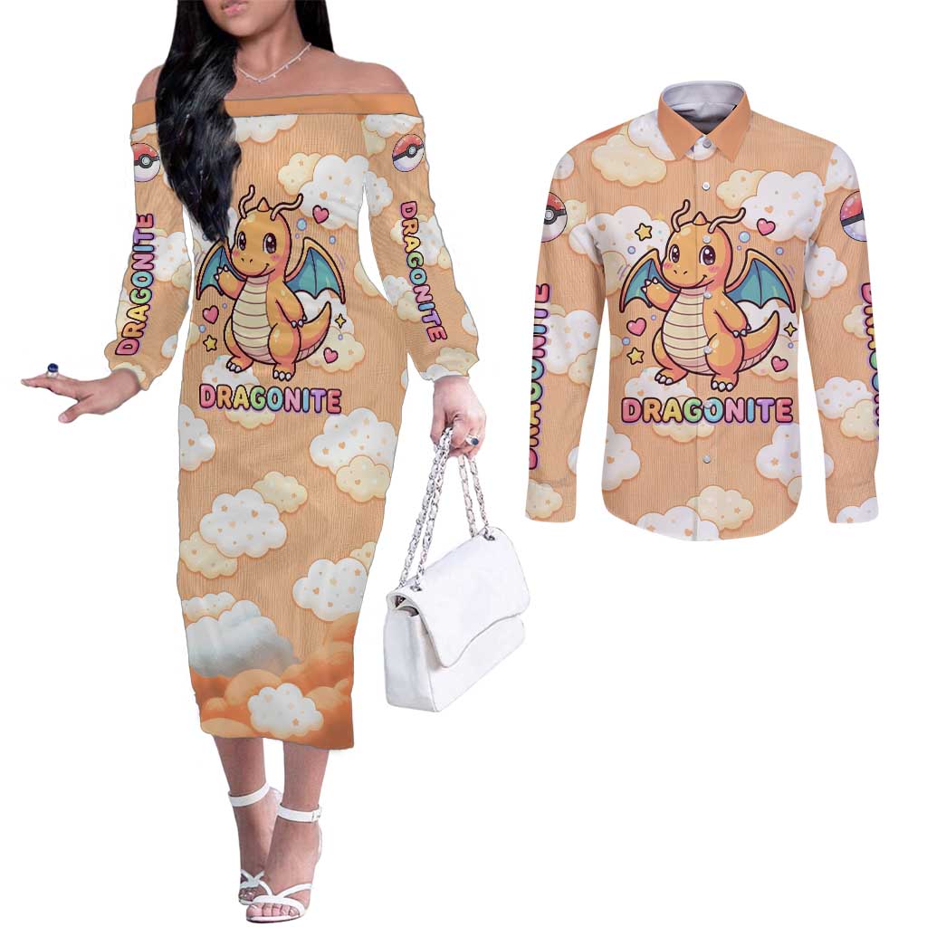 Dragonite Couples Matching Off The Shoulder Long Sleeve Dress and Long Sleeve Button Shirt Whimsical Pastel Cloud Art