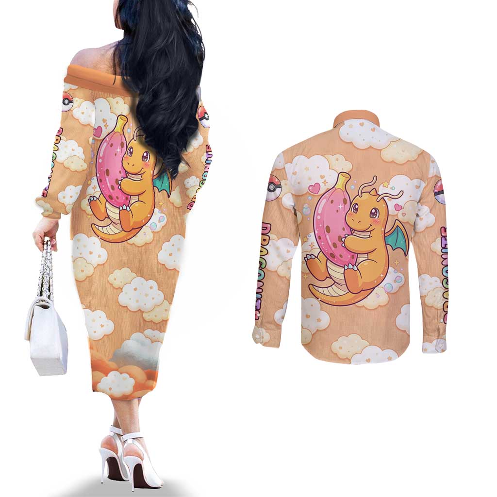Dragonite Couples Matching Off The Shoulder Long Sleeve Dress and Long Sleeve Button Shirt Whimsical Pastel Cloud Art