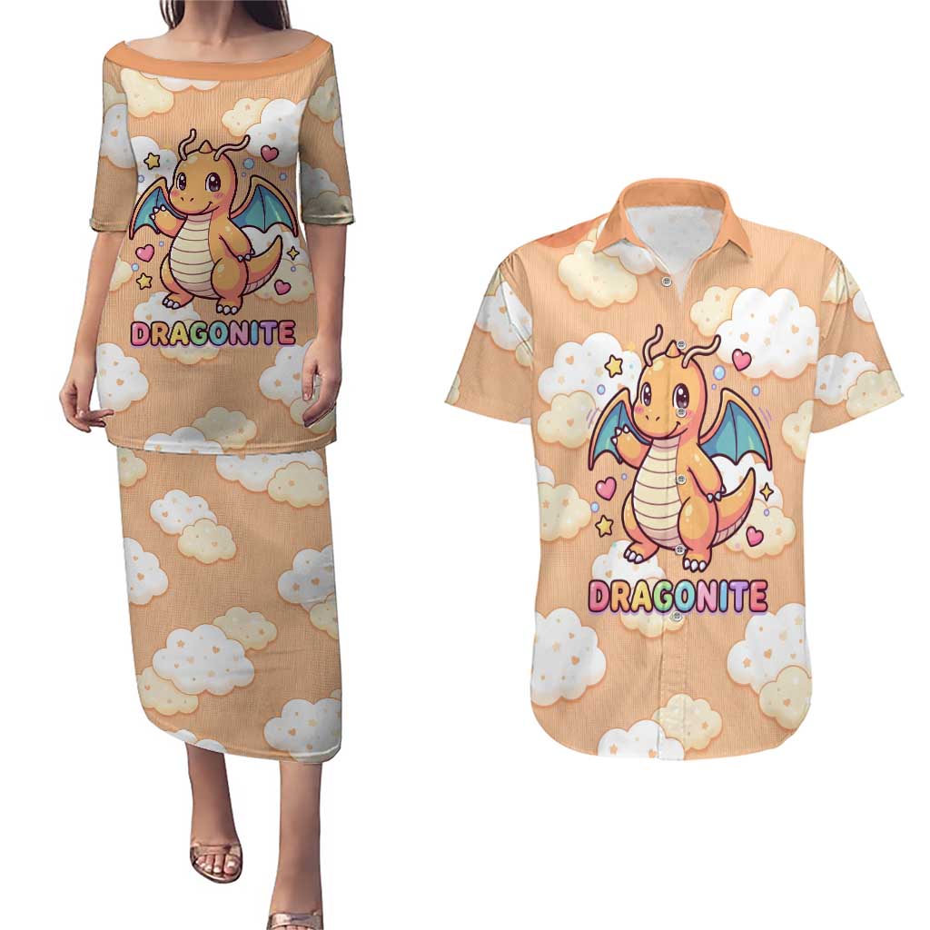 Dragonite Couples Matching Puletasi and Hawaiian Shirt Whimsical Pastel Cloud Art