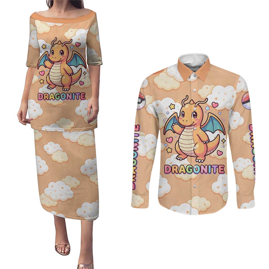 Dragonite Couples Matching Puletasi and Long Sleeve Button Shirt Whimsical Pastel Cloud Art