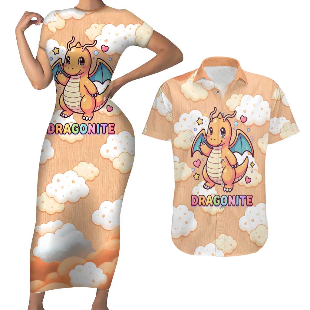 Dragonite Couples Matching Short Sleeve Bodycon Dress and Hawaiian Shirt Whimsical Pastel Cloud Art