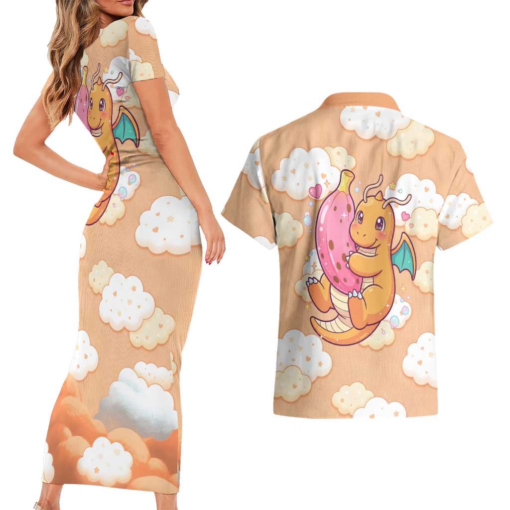 Dragonite Couples Matching Short Sleeve Bodycon Dress and Hawaiian Shirt Whimsical Pastel Cloud Art