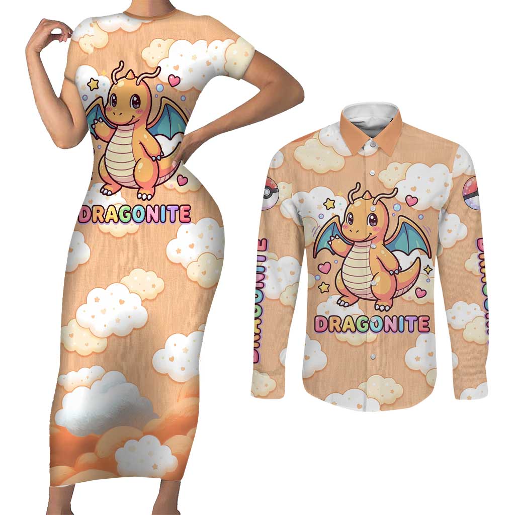 Dragonite Couples Matching Short Sleeve Bodycon Dress and Long Sleeve Button Shirt Whimsical Pastel Cloud Art