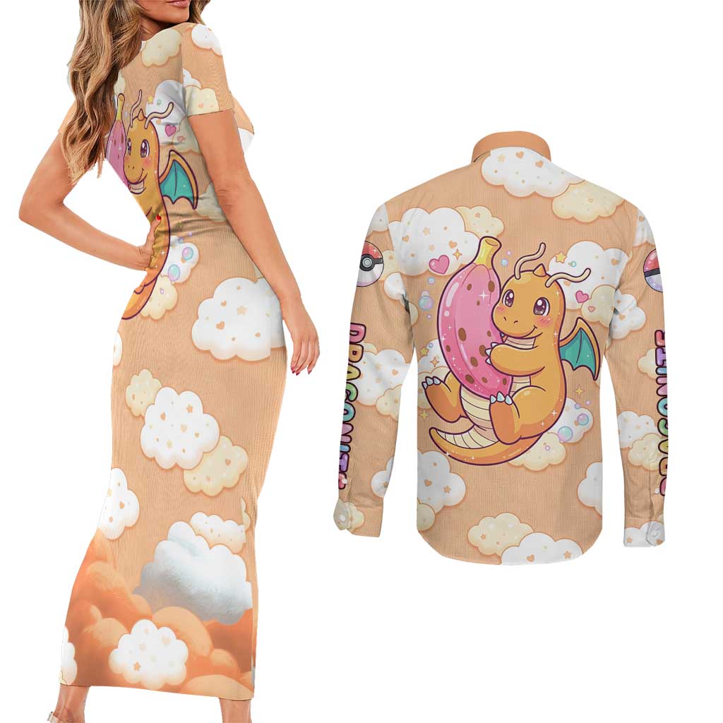 Dragonite Couples Matching Short Sleeve Bodycon Dress and Long Sleeve Button Shirt Whimsical Pastel Cloud Art