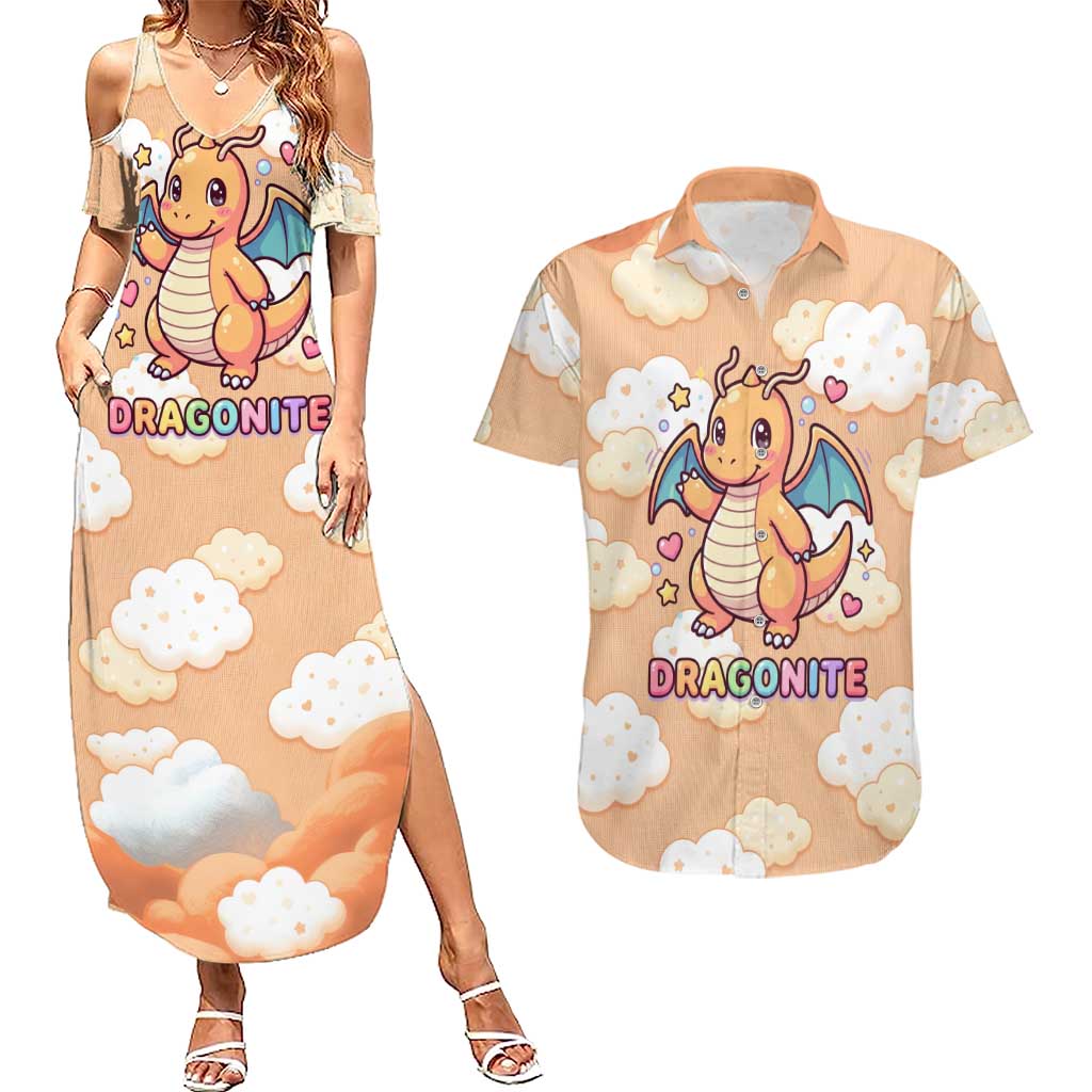 Dragonite Couples Matching Summer Maxi Dress and Hawaiian Shirt Whimsical Pastel Cloud Art