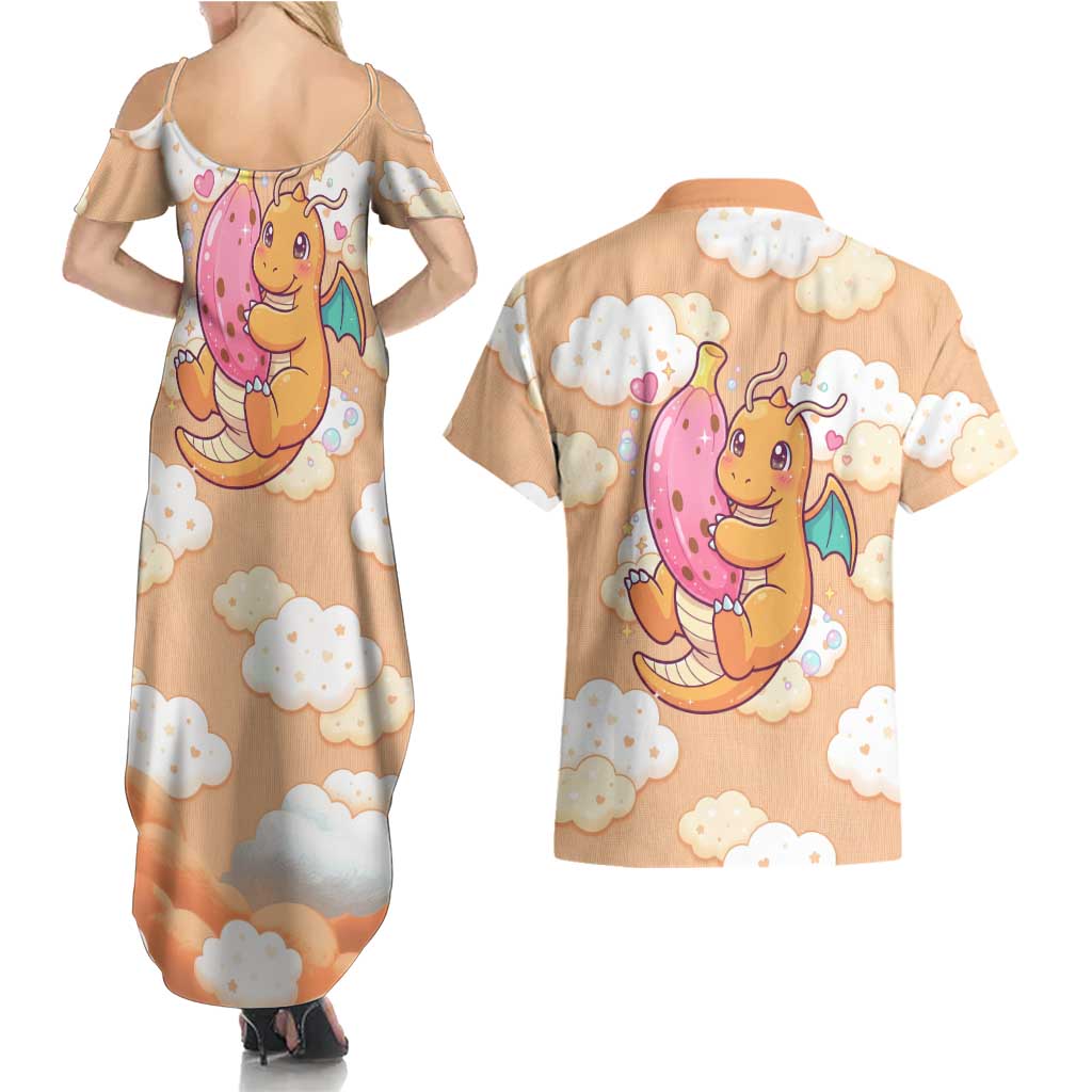 Dragonite Couples Matching Summer Maxi Dress and Hawaiian Shirt Whimsical Pastel Cloud Art