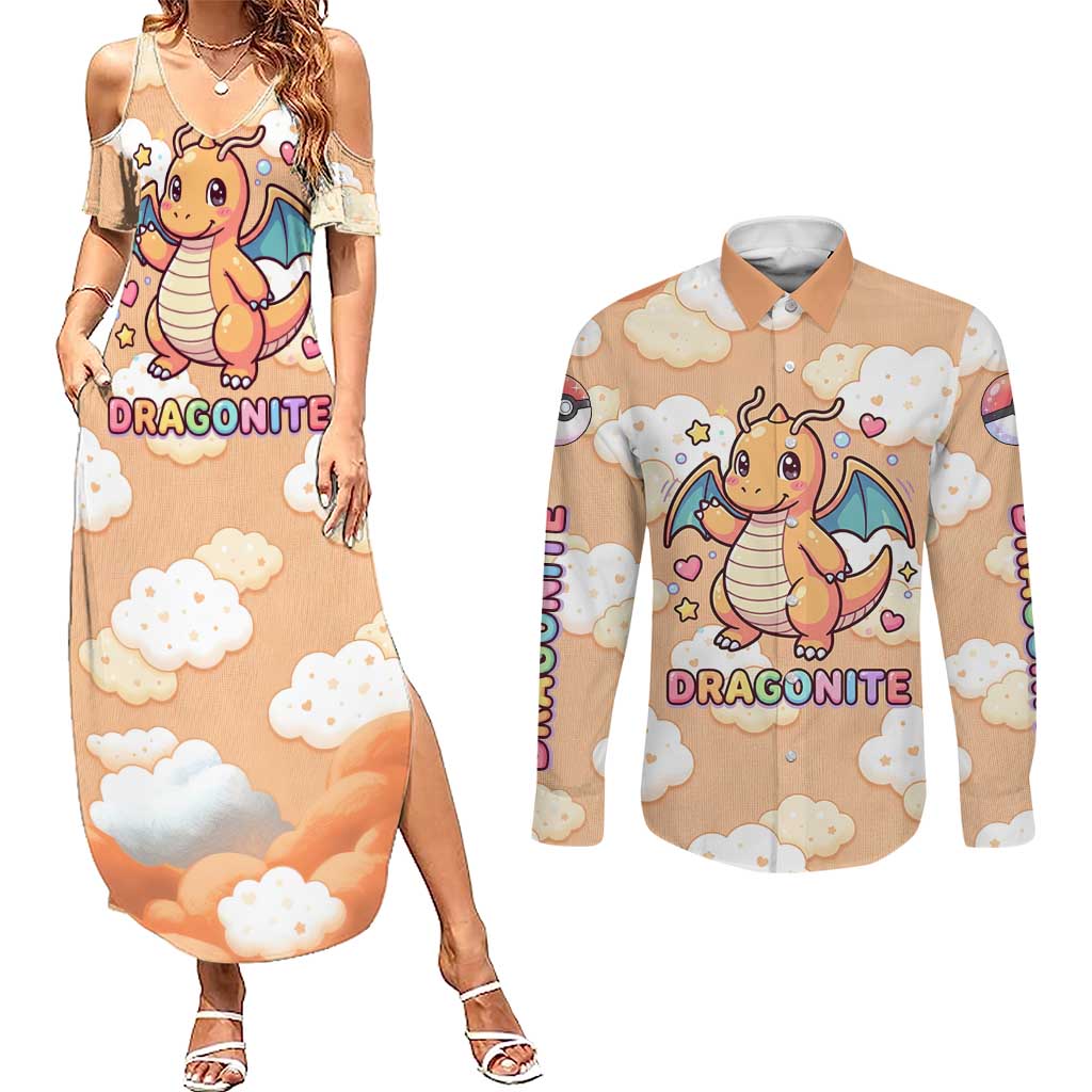 Dragonite Couples Matching Summer Maxi Dress and Long Sleeve Button Shirt Whimsical Pastel Cloud Art