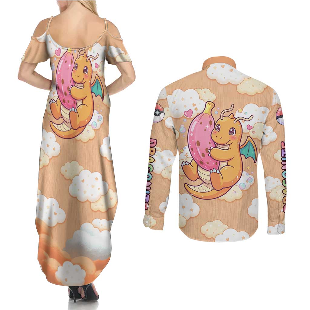 Dragonite Couples Matching Summer Maxi Dress and Long Sleeve Button Shirt Whimsical Pastel Cloud Art
