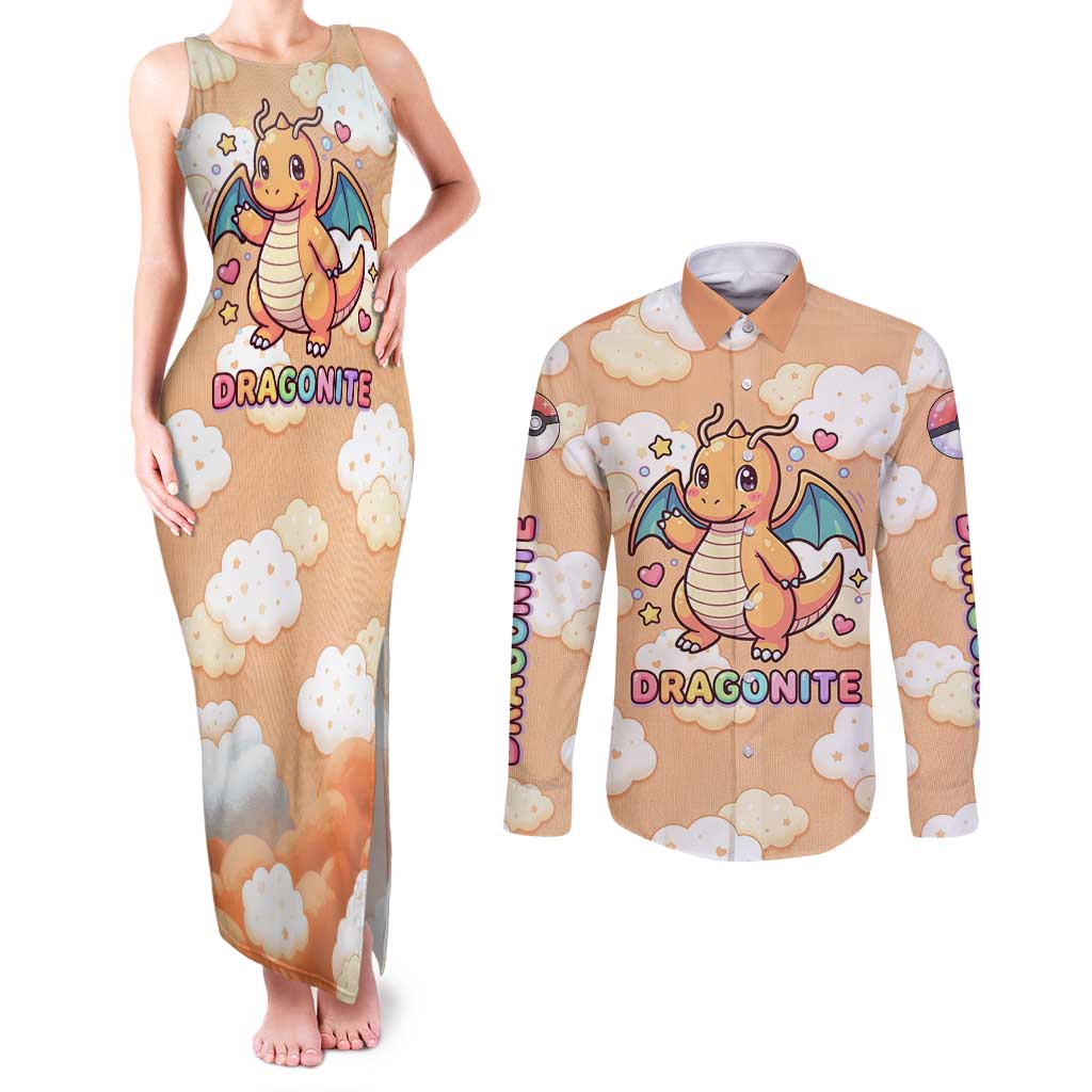 Dragonite Couples Matching Tank Maxi Dress and Long Sleeve Button Shirt Whimsical Pastel Cloud Art