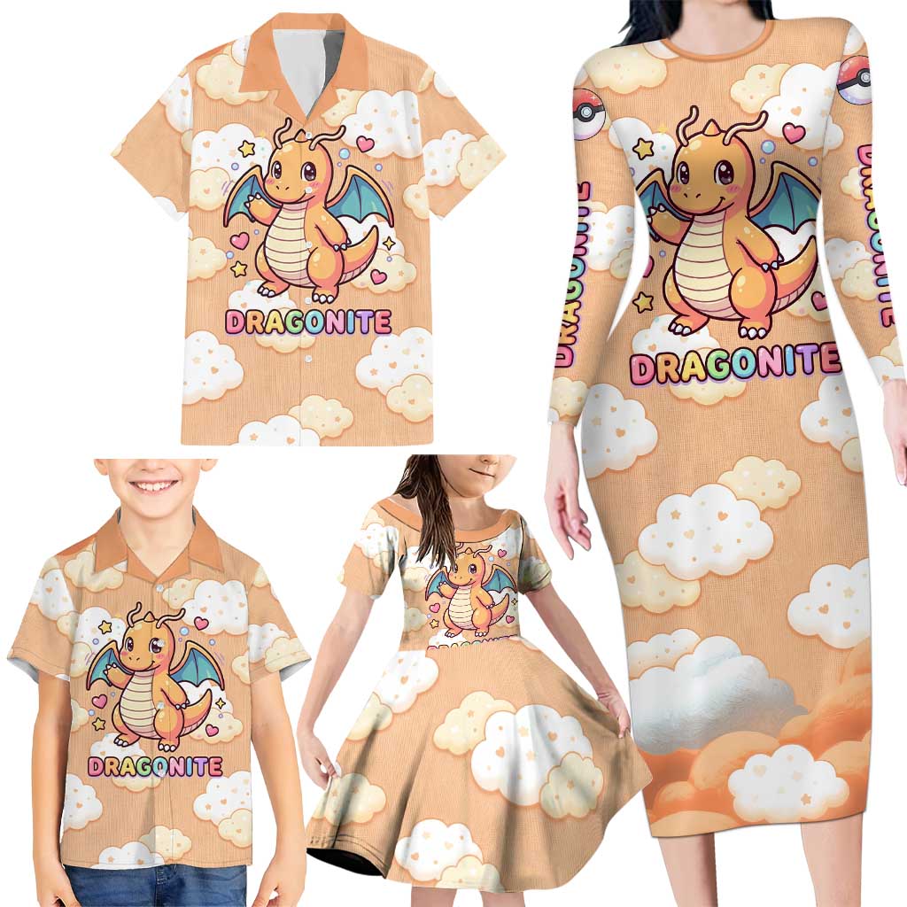 Dragonite Family Matching Long Sleeve Bodycon Dress and Hawaiian Shirt Whimsical Pastel Cloud Art