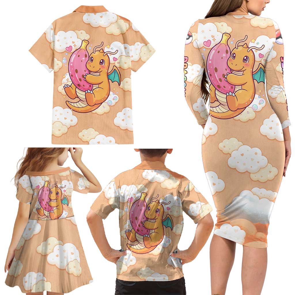 Dragonite Family Matching Long Sleeve Bodycon Dress and Hawaiian Shirt Whimsical Pastel Cloud Art