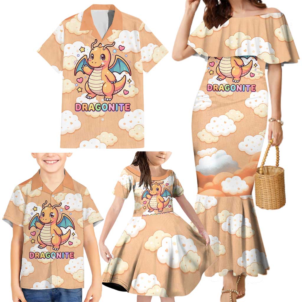 Dragonite Family Matching Mermaid Dress and Hawaiian Shirt Whimsical Pastel Cloud Art