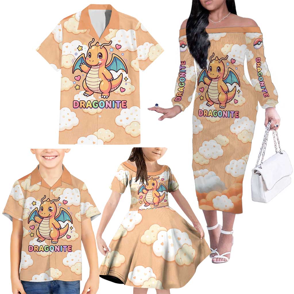 Dragonite Family Matching Off The Shoulder Long Sleeve Dress and Hawaiian Shirt Whimsical Pastel Cloud Art
